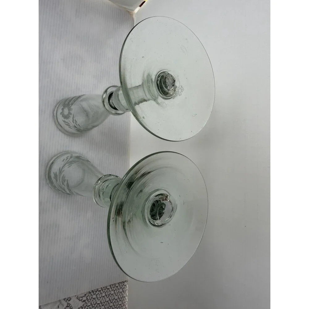 Rios Interiors Hand Blown Etched Champagne Flutes Set of 2 Floral Glass 10” Boho